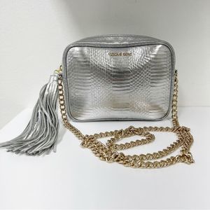 Victoria’s Secret Faux Snake Silver Crossbody Tassel Purse Metallic